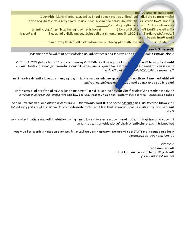 Financial aid information document including details about funding options, payment plans, and contact information for further assistance